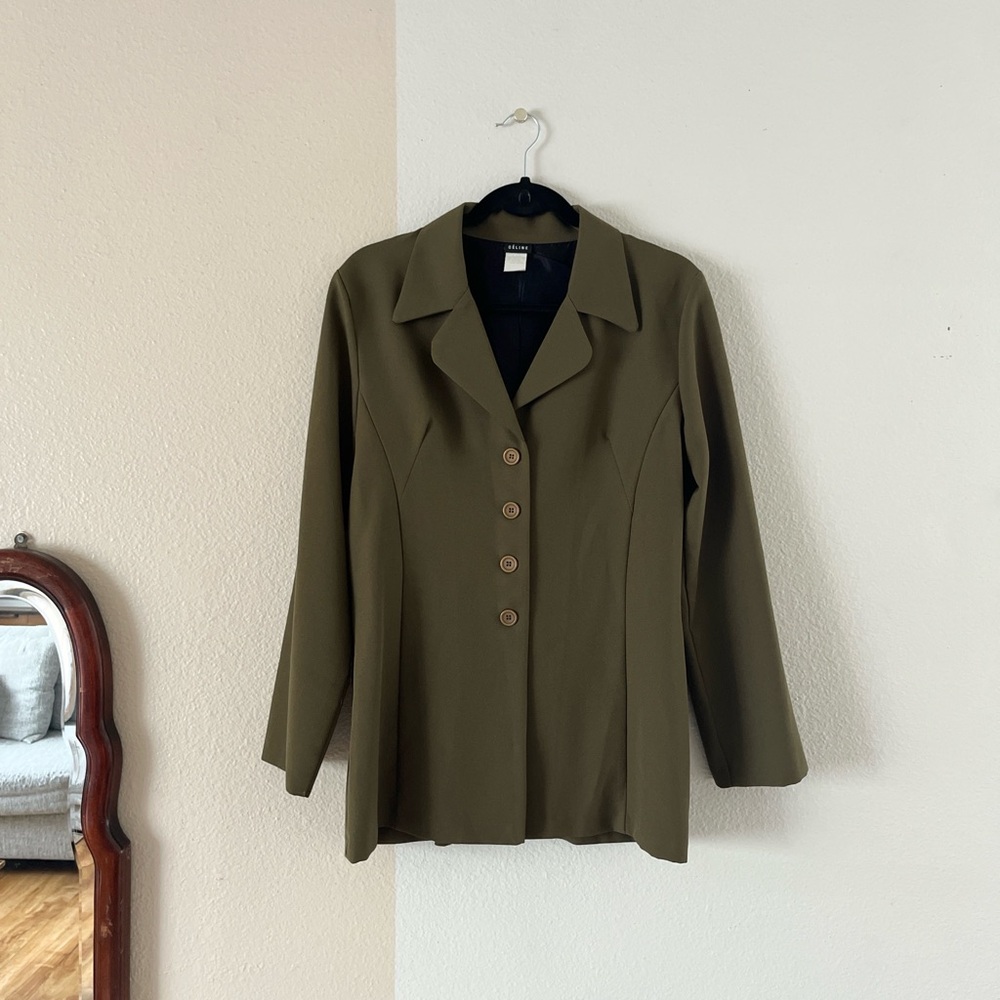 CELINE vintage 90s olive green 
v-neck lightweight blazer coat